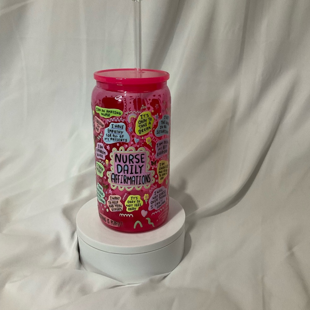 16 Ounce Handmade Hot Pink Glass Can Cup w/Lid & Straw, Nurse Daily Affirmations